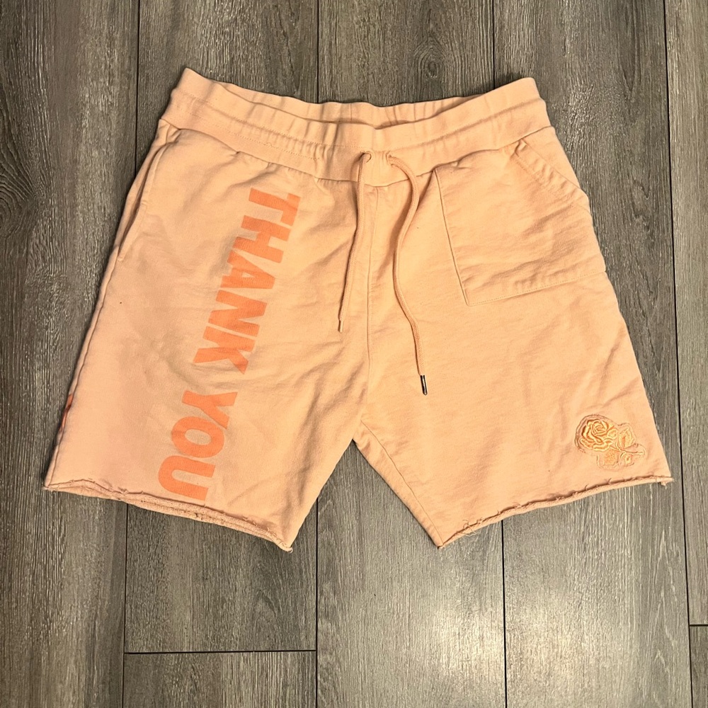 Men's Peach Athletic Drawstring Shorts with 'Thank You' Side Print